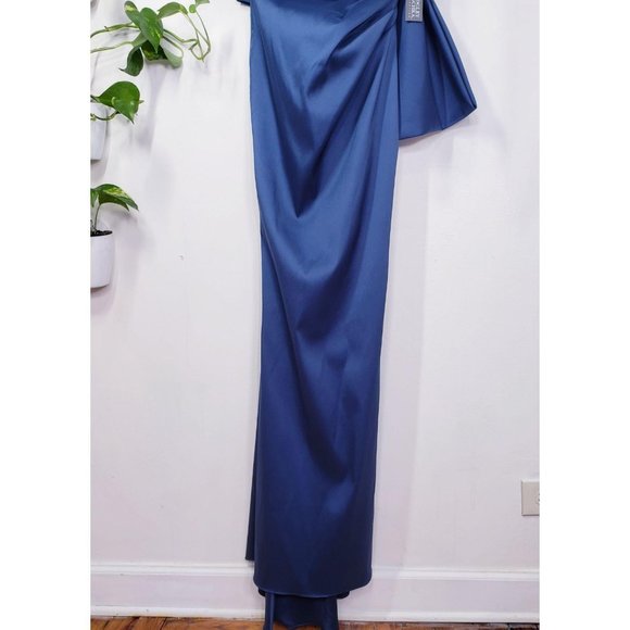Blue Dress Satin Gown XS BADGLEY MISCHKA 2 Off Shoulder Ruched Formal NWT $895‎ - Picture 11 of 13